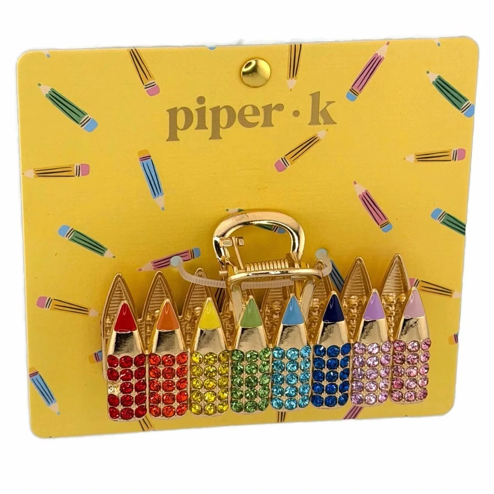 Piper K Crayon Colored Pencil Claw Clip Gold Tone Rhinestones